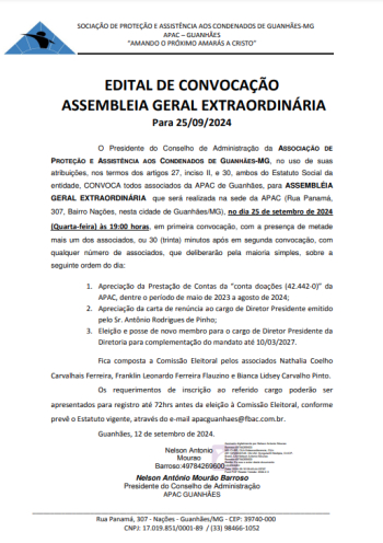 Assembleia Geral Extraordinária da APAC Guanhães acontece nesta quarta-feira (25)