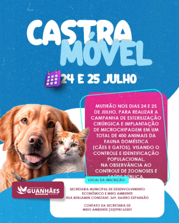 Castramóvel estará em Guanhães nos dias 24 e 25 de julho para esterilização de cães e gatos