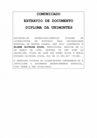 COMUNICADO  EXTRAVIO DE DOCUMENTO - DIPLOMA DA UNIMONTES 07/10/22